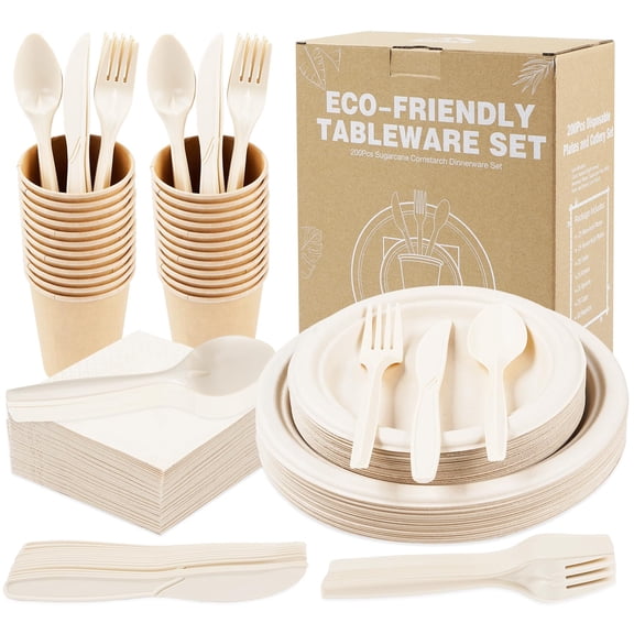 Anstore Paper Plates & Cutlery Set, AFN1200 Pcs - Compostable Plates, Forks, Spoons, Knives, Cups & Napkins - Heavy Duty for Birthdays, Picnics, BBQs