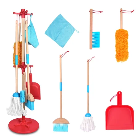 Ant Class Wooden Detachable Kids Cleaning Toy Set, Broom, Mop, Duster, Dustpan, Brush, Rag and Hanging Stand Play, Clean Toys Gift for Girls Boys,Blue