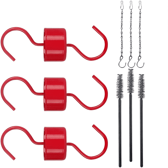 3-Pack Ant Moat for Hummingbird Feeders, Red Hummingbird Feeder Ant Guard, RustProof S Hooks with Cleaning Brushes and Hanging Chain for Bird Feeders
