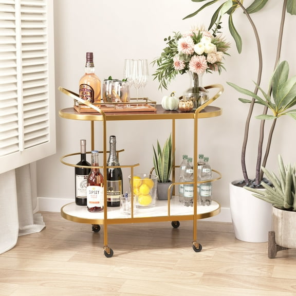 Antalya Bar Cart Multicolor Serving Cart, Modern Style, Mango Wood, Natural Marble oval shape tabletop, Iron, Indoor Bar