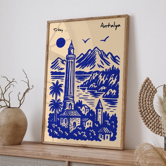 Antalya Poster Turkey Wall Art Blue Travel Artwork, Stretched Canvas 12x16in