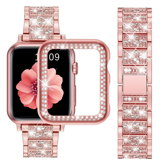 Antank Apple Watch Bands 44mm Women Glitter Metal Strap with Bling Diamond Protective Case For iWatch Series 4 5 6