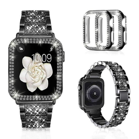 Antank Compatible with Apple Watch Band 38mm with Case Women, Jewelry Replacement Metal Wristband Strap with 2 Pack Bling PC Protective Cover for iWatch Series 3 2 1