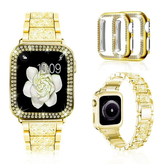 Antank Compatible with Apple Watch Band 41mm with Case Women, Jewelry Replacement Metal Wristband Strap with 2 Pack Bling PC Protective Cover for iWatch Series 7