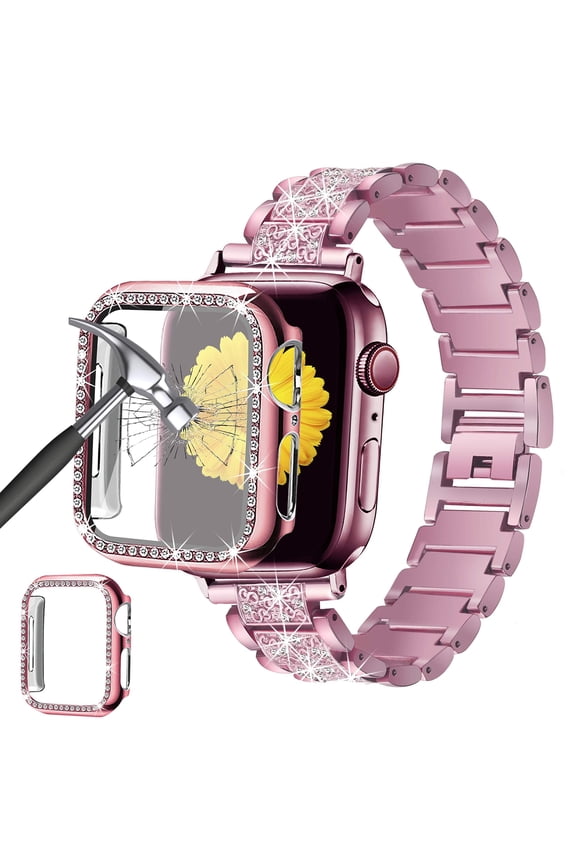 Compatible for Apple Watch Series 7 45mm Band with Screen Protector Case Jewelry Replacement Metal Strap & 2-Pack Bling Full Cover Protective Case