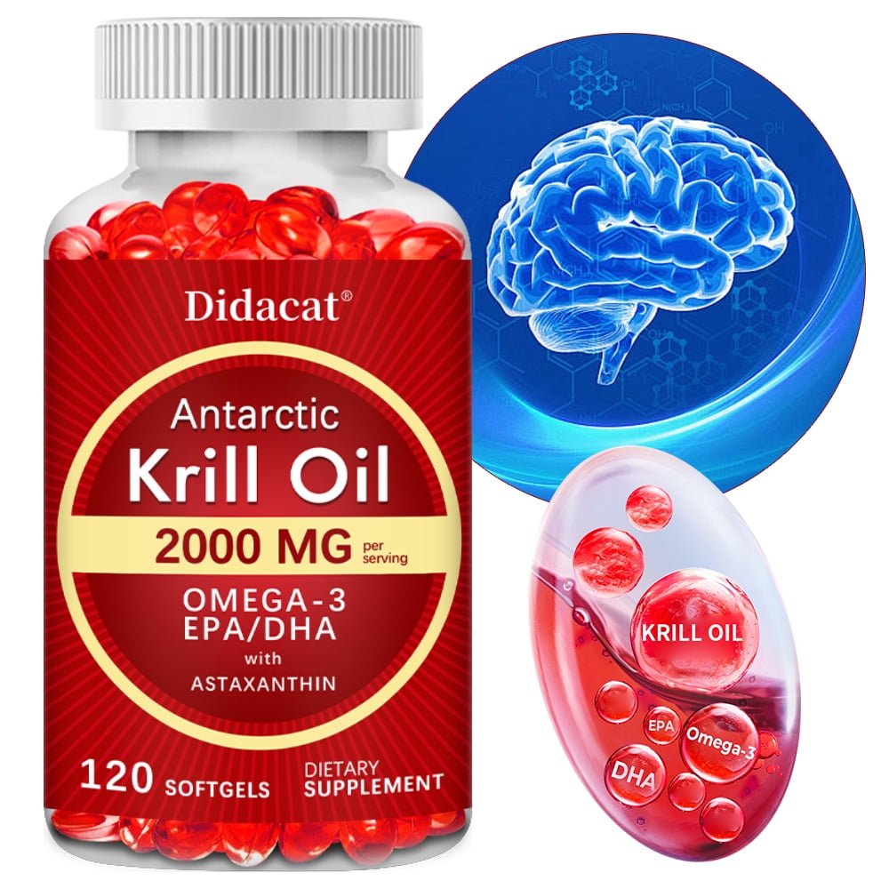 Antarctic Krill Oil 2000 mg with Omega-3s EPA, DHA, Astaxanthin and Phospholipids, Support Brain and Bone Health - 120 Softgels