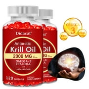 Antarctic Krill Oil 2000 mg with Omega-3s EPA, DHA, Astaxanthin and Phospholipids - Support Heart, Brain and Bone Healthy - 240 Softgels (2 Pack)