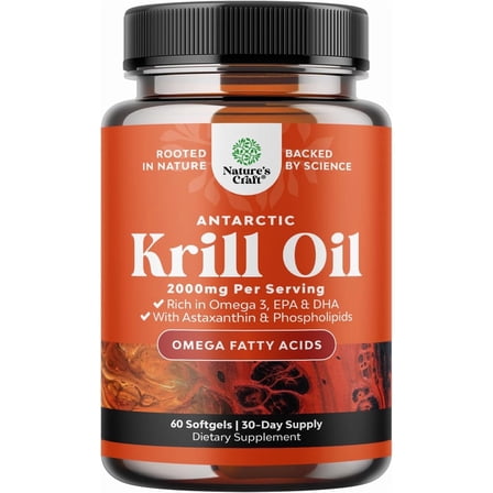 Natures Craft 2000mg Antarctic Krill Oil Omega 3 Supplement for Heart & Brain Health Support, 60 Ct