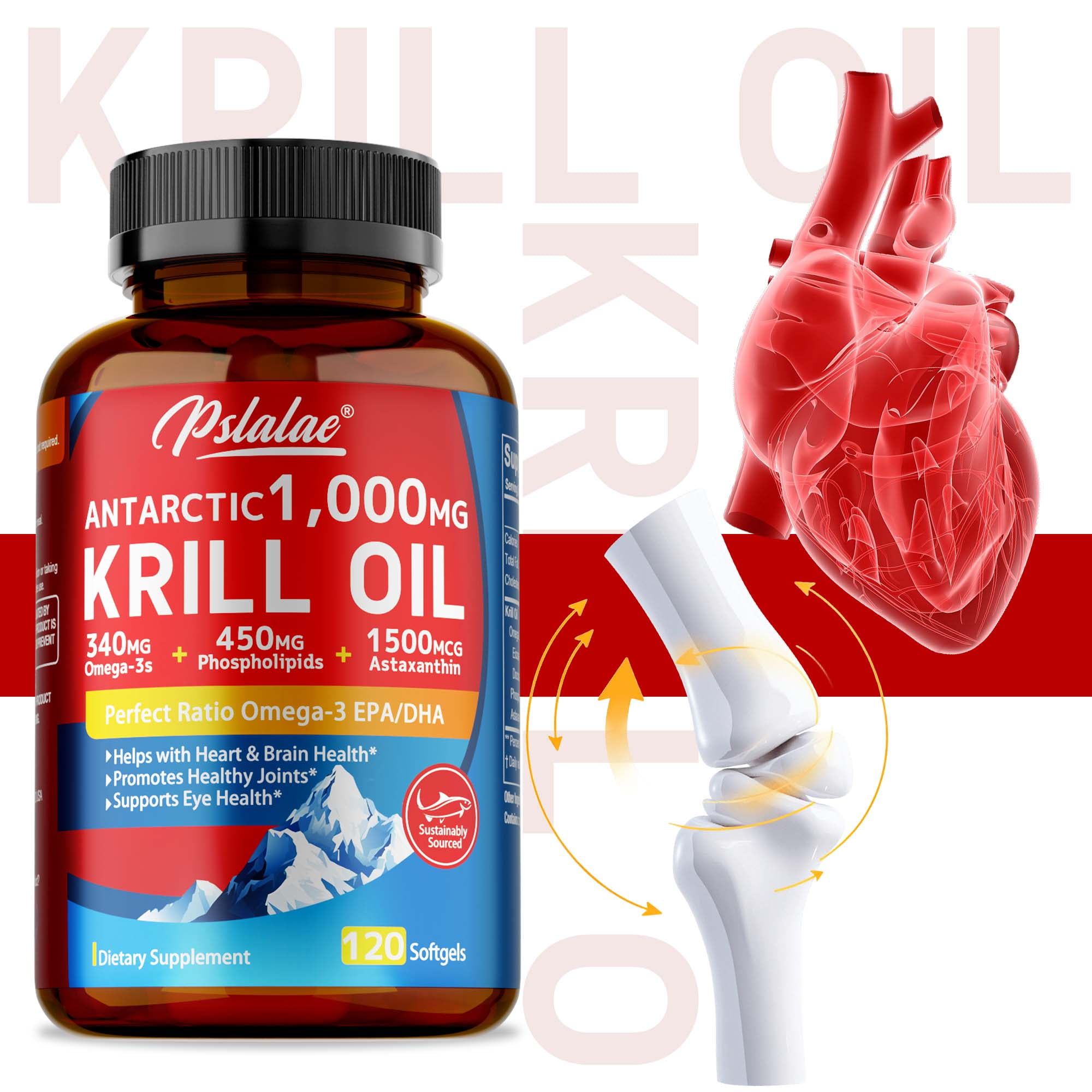 Antarctic Krill Oil - Astaxanthin, Omega-3, DHA, EPA, Phospholipids - Joint, Heart and Immune Support - 120 Capsules
