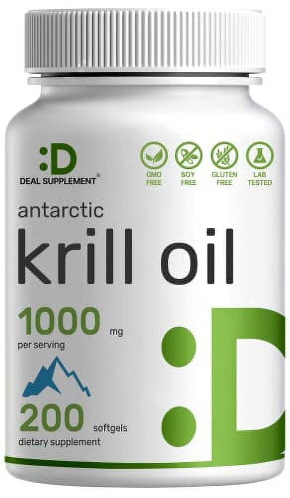 Antarctic Krill Oil Supplement 1000mg, 200 Softgels, High Potency Mercury Free Rich in Omega