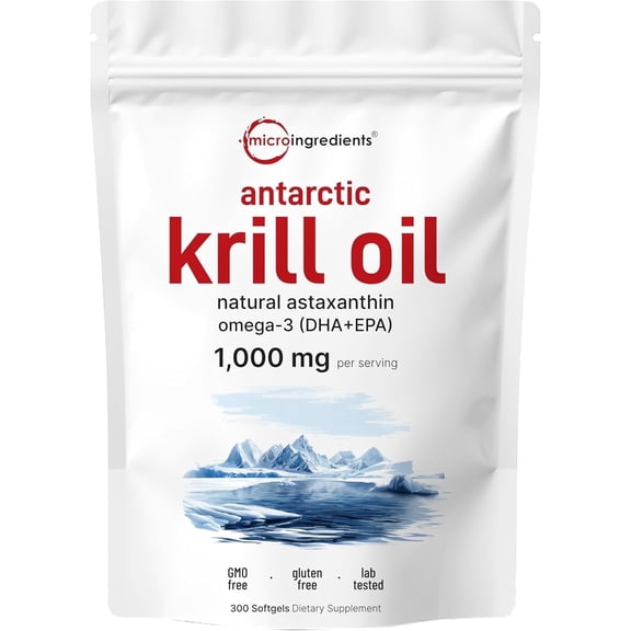 Antarctic Krill Oil Supplement, 1000mg Per Serving, 300 Soft-Gels | Rich in Omega-3s EPA, DHA & Natural Astaxanthin, Immune & Brain Health Support