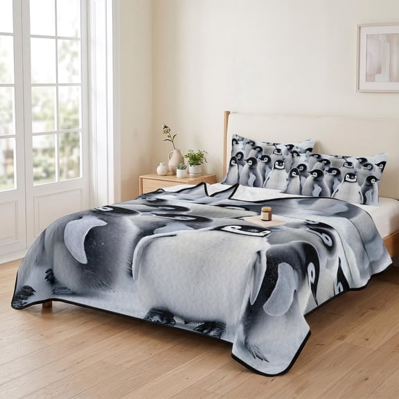 Antarctic Penguin 3 Pieces Quilt Set,1 Quilt with 2 Shams,Animal Pattern Gray White Art Bedspread Soft Lightweight Bedding Coverlet Comforter Set for All Season 90"x96"