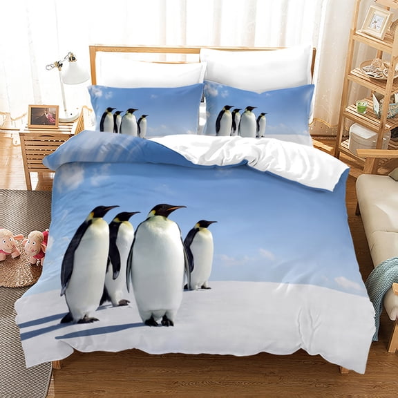 Antarctic Penguins Duvet Cover Set for Kid Girl Boy Cute Animals Polyester Comforter Cover Black White Print Bedspread King Size
