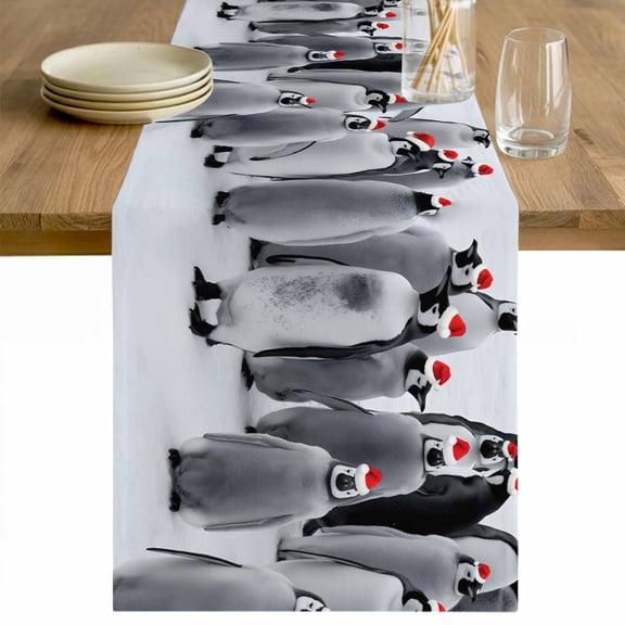 Antarctic Penguins Table Runner 36 Inches Long Farmhouse Dress Scarves, Christmas Hats Animals Abstract Art Dining Tablerunner for Coffee Table/Kitchen Island/Party Décor, Small 13" x 36"