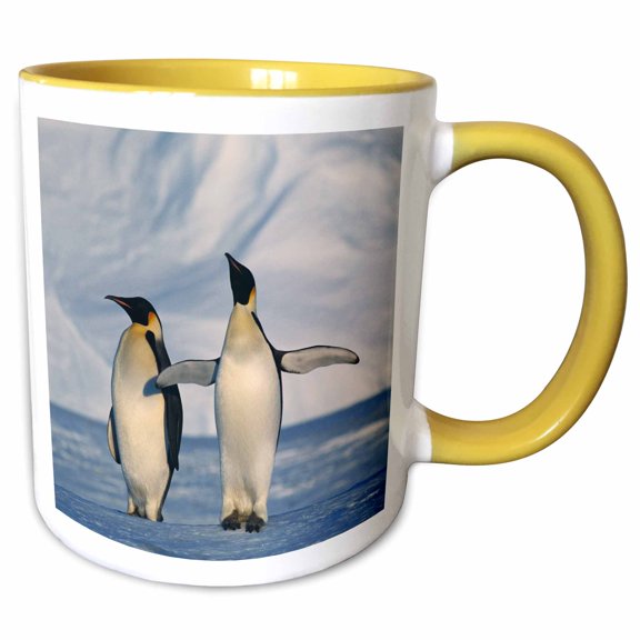 3drose, Antarctica, Emperor Penguins Standing in Winter, 11oz Two-tone Yellow Mug