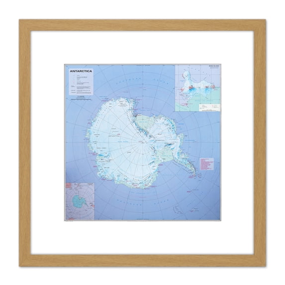 Antarctica Map Information 8X8 Inch Square Wooden Framed Wall Art Print Picture with Mount
