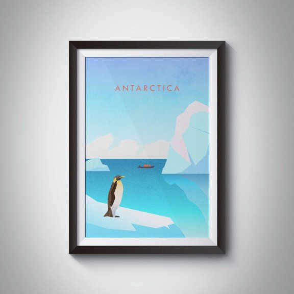 Antarctica Minimal Travel Iceberg Penguins South Pole Art, Unframed Paper Poster 16x20in