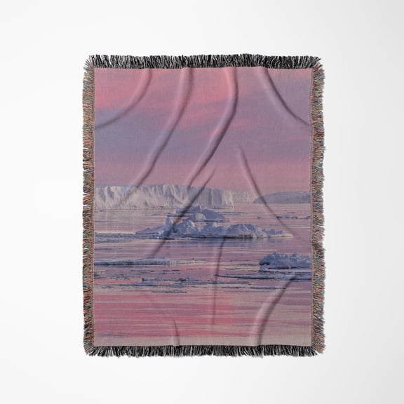 Antarctica, Snow Hill. Colorful Sunrise Paints The Sky And Water Pink, Woven Blanket