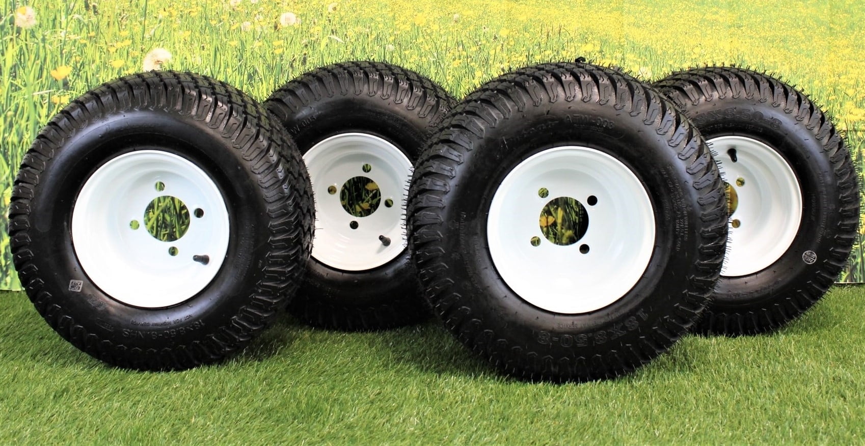 Antego Tire and Wheel 8" WHITE STEEL GOLF CART WHEELS AND 18X8.50-8" 4 PLY TURF TIRES ATW-003- (SET OF 4)