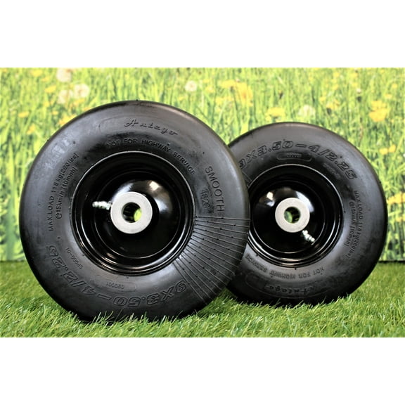 Antego Tire and Wheel 9x3.50-4 Flat Proof, Smooth Semi Pneumatic Tire & Wheel Assembly (Set of Two)