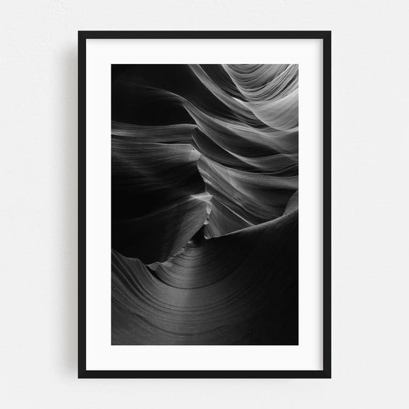 Antelope Canyon Black & White XIII - Arizona Photography Abstract Black and White Desert Nature Geometric Moody Scenic Black Framed Wall Art Print 12 x 18 inches