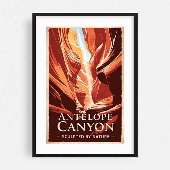 Antelope Canyon Vintage Travel Poster – Sculpted Sandstone Beauty - Arizona Illustration Travel Poster Desert Vintage Poster Nature Landscape Scenic Black Framed Wall Art Print 16 x 24 inches