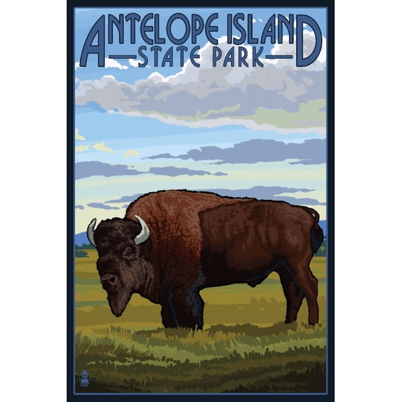 Antelope Island State Park, Utah, Bison and Field (24x36 Giclee Gallery Art Print, Vivid Textured Wall Decor)