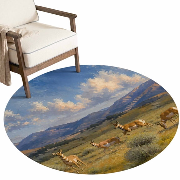 Antelope Round Rug 6Ft Rustic Natural Wildness Green Meadow Grass Blue Cloud Sky Circle Area Rugs Washable Non Slip Indoor Floor Mats for Living Room, Dining Space, Sunroom Leisure Area