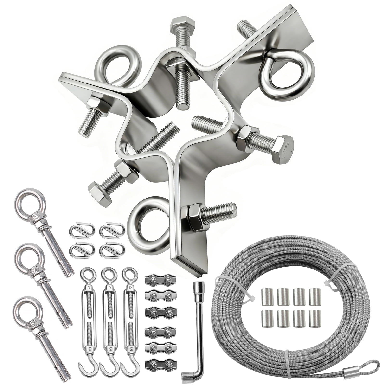 Antenna Mast Clamp Down Guy Wire Ring with 100ft Wires & Wall Mount Screws, 3-Way Guying, Fits Masts up to 2-1/4 inches,Heavy Duty Stainless Steel