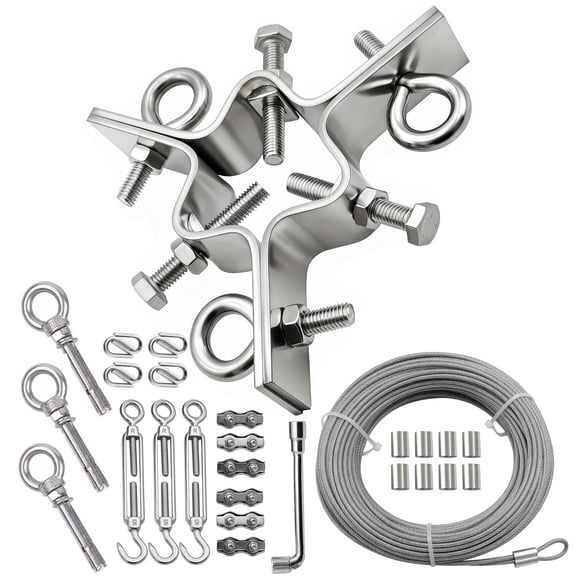 Antenna Mast Clamp Down Guy Wire Ring with 100ft Wires & Wall Mount Screws, 3-Way Guying, Fits Masts up to 2-1/4 inches,Heavy Duty Stainless Steel