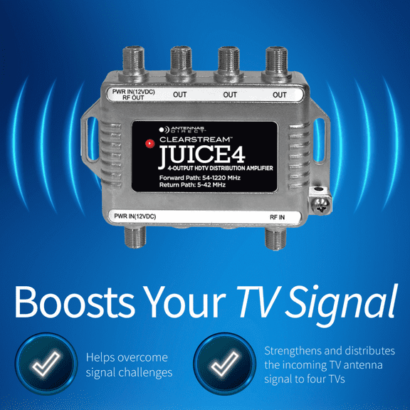 Antennas Direct JUICE4 TV Antenna Distribution Amplifier, 4-Output, Weatherproof, Silver