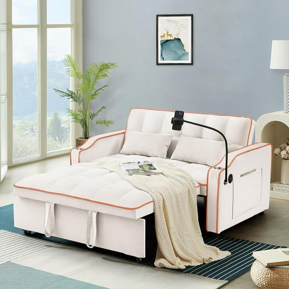 Antetek Sleeper Sofa Couch Bed with USB & Type C Port, Modern 3-in-1 Convertible Velvet Pull Out Loveseat Futon Sofa w/Phone Holder/Cup Holder for Living Room Apartment, Adjustable Backrest, Beige