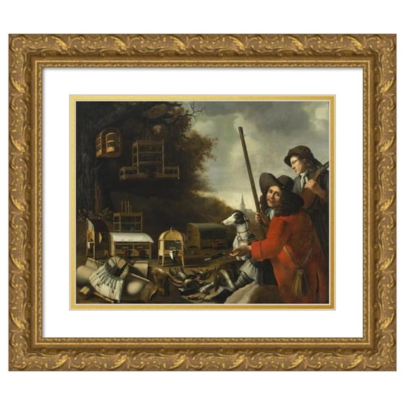 Anthonie Leemans 24x20 Gold Ornate Framed and Double Matted Museum Art Print Titled - Two Huntsmen with Dogs and Trophies
