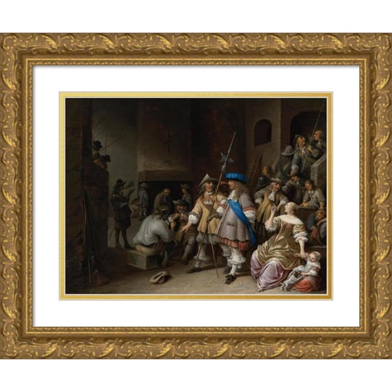 Anthonie Palamedesz. 24x19 Gold Ornate Framed and Double Matted Museum Art Print Titled - A Guardroom Interior with a Company of Pikemen, Card Players, and a Woman with a Child
