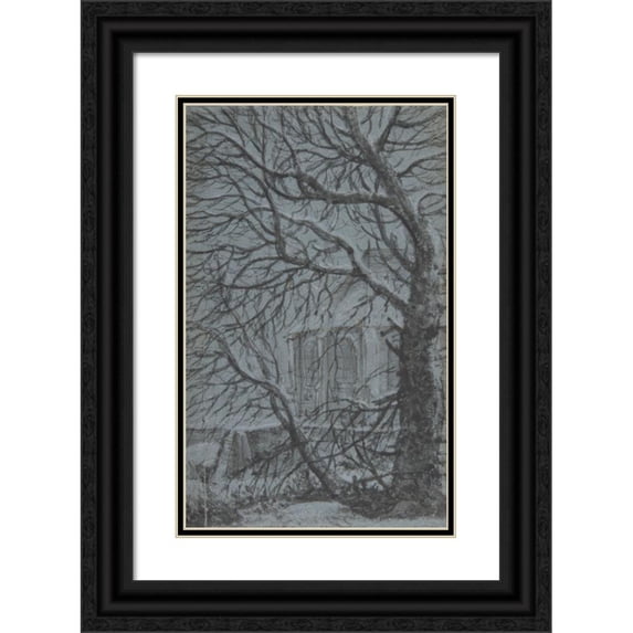 Anthonie Waterloo 11x14 Black Ornate Wood Framed Double Matted Museum Art Print Titled: Apse of a Church Seen Through the Snowy Branches of a Tree (17th Century)