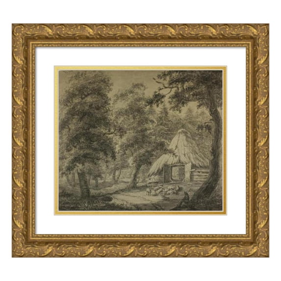 Anthonie Waterloo 14x12 Gold Ornate Wood Frame and Double Matted Museum Art Print Titled - Thatched Hut in Woods with Shepherd and Sheep