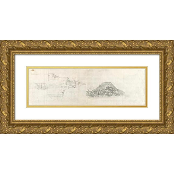 Anthonie Waterloo 18x8 Gold Ornate Wood Frame and Double Matted Museum Art Print Titled - A Steepled Facade and Farm House (17th Century)