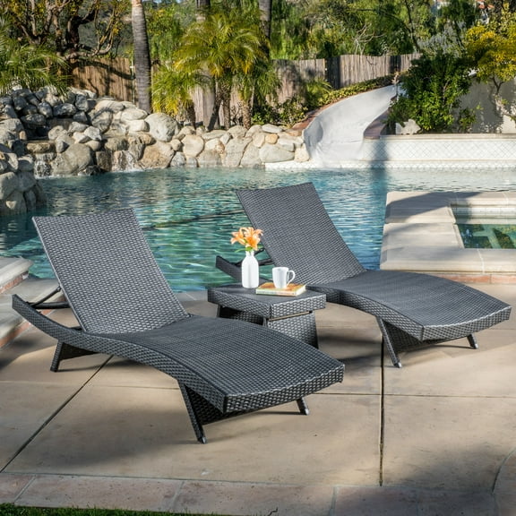 Anthony 3 Piece Outdoor Wicker Adjustable Chaise Lounge Set, Grey