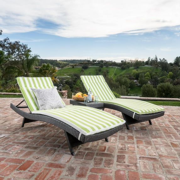 Anthony 3 Piece Outdoor Wicker Lounge with Cushions and Coffee Table, Grey, Green and White Stripe