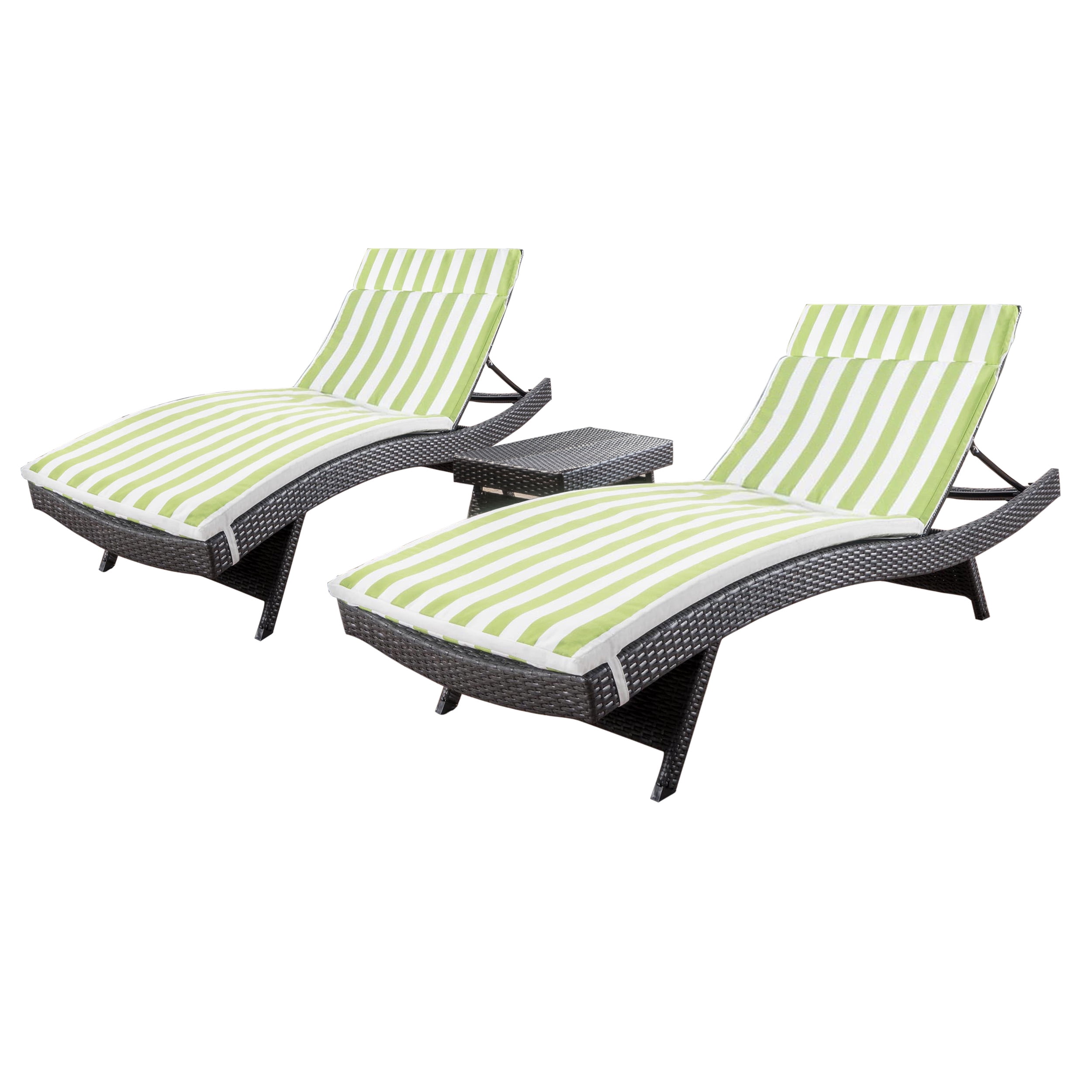 Anthony 3 Piece Outdoor Wicker Lounge with Cushions and Coffee Table, Multibrown, Green and White Stripe