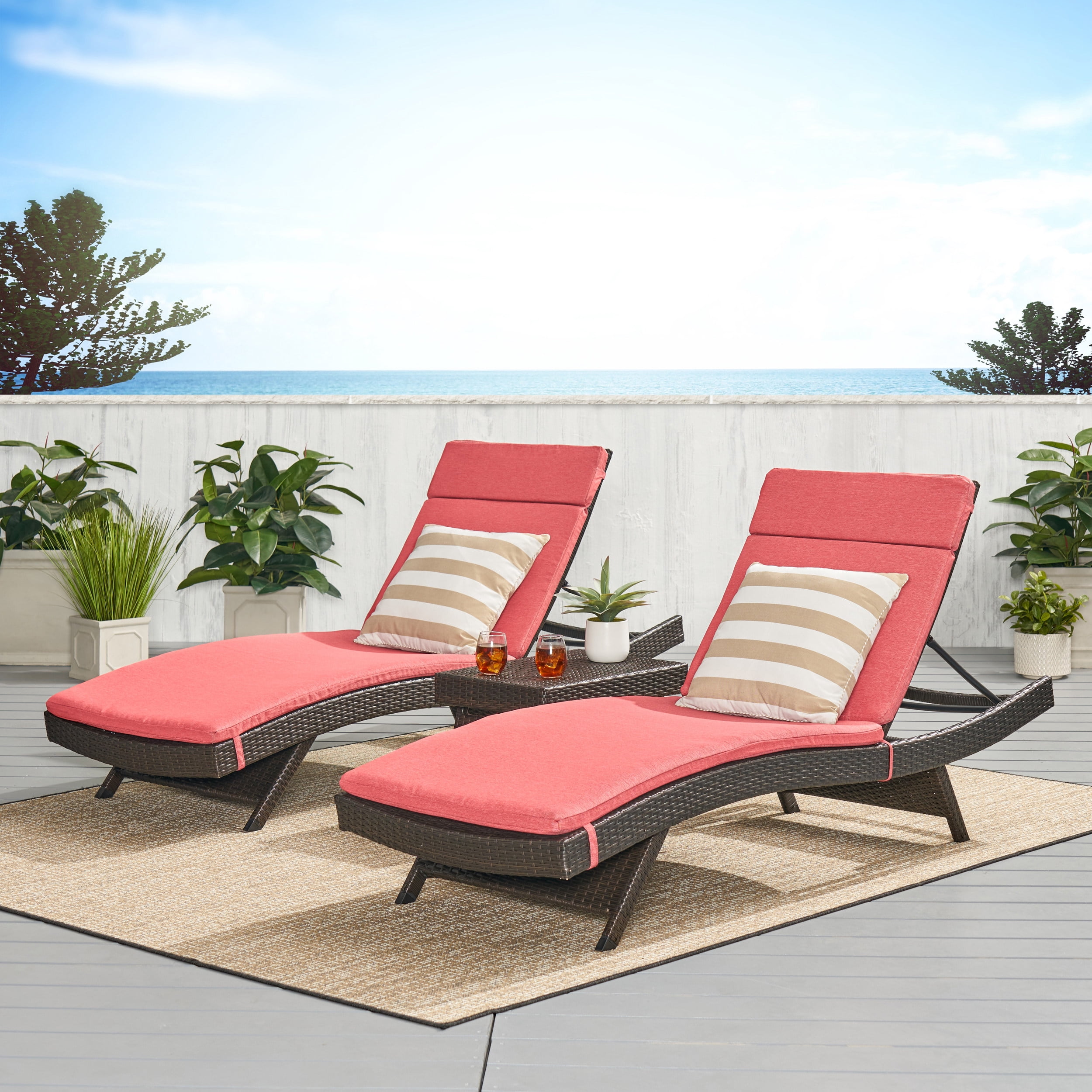 Anthony 3 Piece Outdoor Wicker Lounge with Cushions and Coffee Table, Multibrown, Red