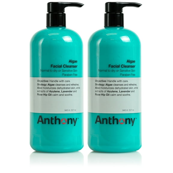 Anthony Algae Facial Cleanser, 32 Fl Oz. Contains Algae, Aloe Vera, Azulene, Lavender and Rose Hip Oil, Cleanses and Refreshes, Moisturizes and Hydrates, Calms and Soothes Your Skin Pack of 2