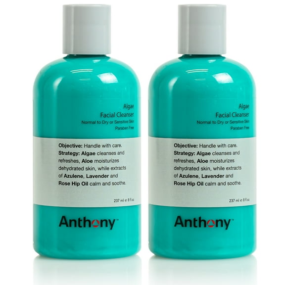 Anthony Algae Facial Cleanser, 8 Fl Oz. Contains Algae, Aloe Vera, Azulene, Lavender and Rose Hip Oil, Cleanses and Refreshes, Moisturizes and Hydrates, Calms and Soothes Your Skin Pack of 2