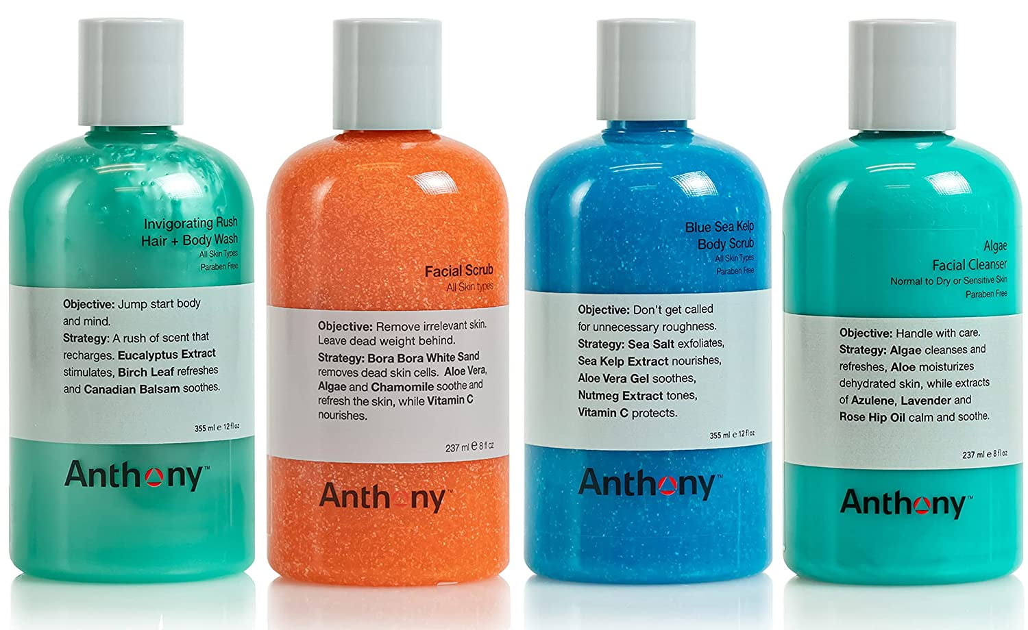 Anthony Algae Facial Cleanser, 8 Fl Oz, and Anthony Facial Scrub, 8 Fl Oz, Anthony Blue Sea Kelp Body Scrub, 12 Fl Oz, and Anthony Invigorating Rush Hair and Body Wash, 12 Fl Oz.