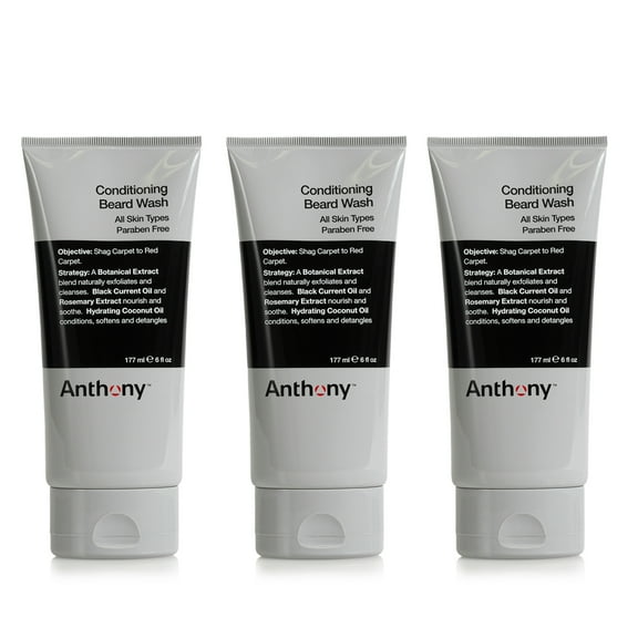 Anthony Conditioning Beard Wash, 6 Fl Oz, Contains Botanical and Rosemary Extracts, Black Currant and Coconut Oils, Cleanses, Hydrates, Softens, and Detangles Beard Hair Pack of 3