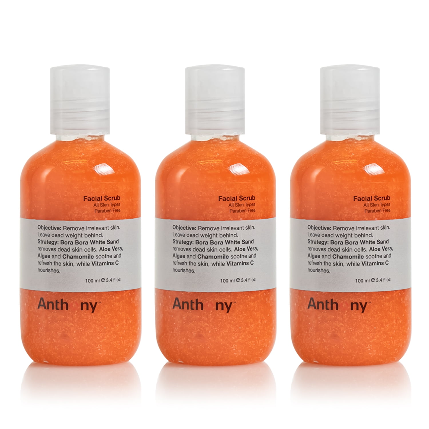 Anthony Facial Scrub, 3.4 Fl Oz, Contains Aloe Vera, Sand, Algae, Chamomile, Vitamin C, Soothes, Protects, Refreshes and Removes Dead Skin Cells Pack of 3