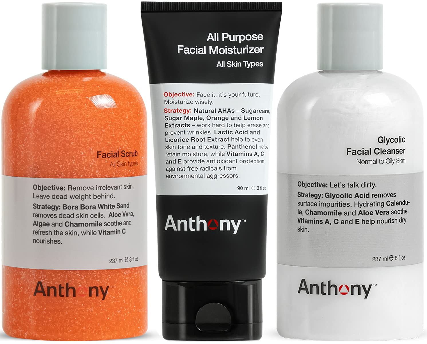 Anthony Glycolic Facial Cleanser 8 Fl Oz, and Anthony Facial Scrub, 8 Fl Oz, and Anthony All Purpose Facial Moisturizer, 3 Fl Oz