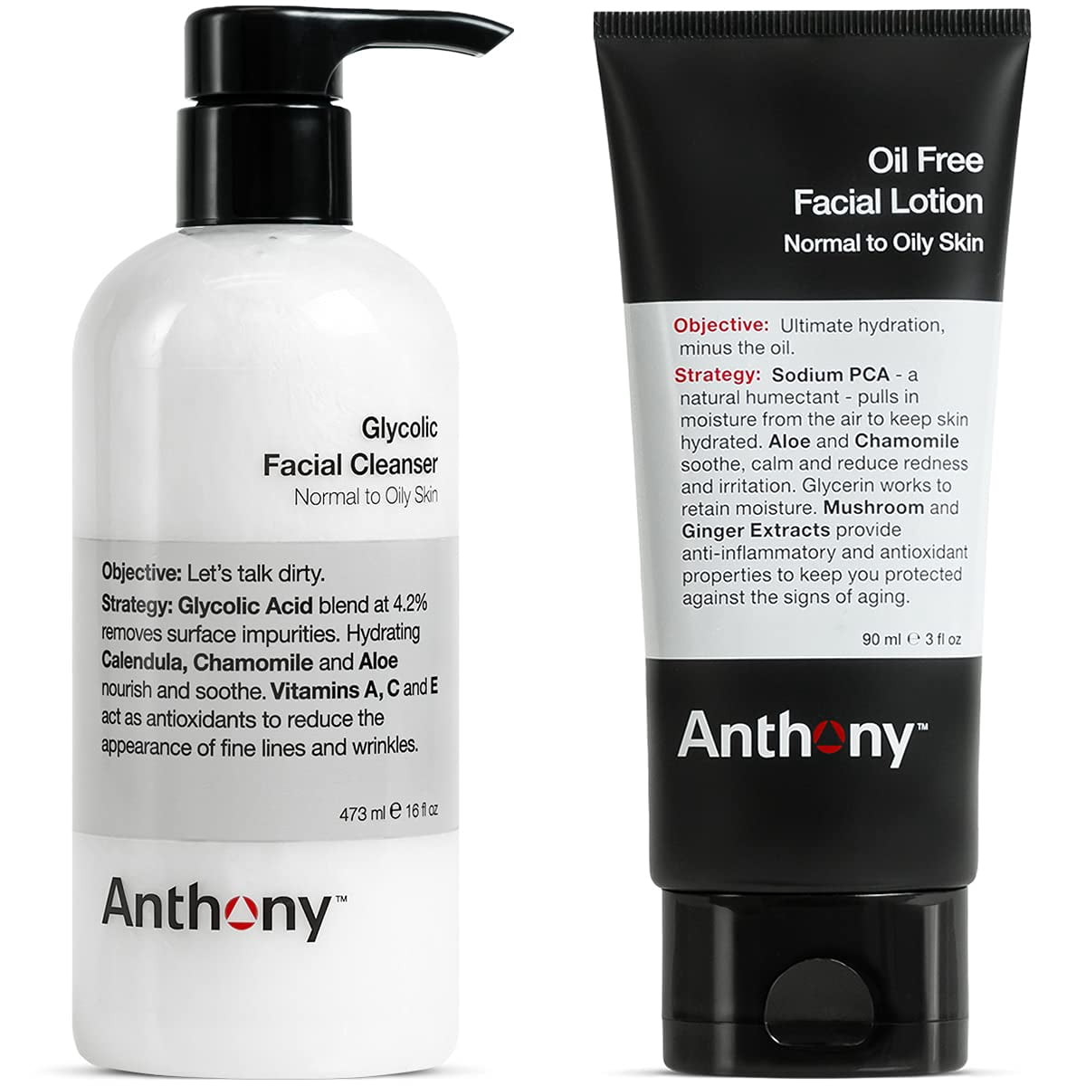Anthony Glycolic Facial Cleanser, Normal to Oily Skin, 16 Fl Oz and Anthony Oil Free Facial Lotion, 3 Fl Oz