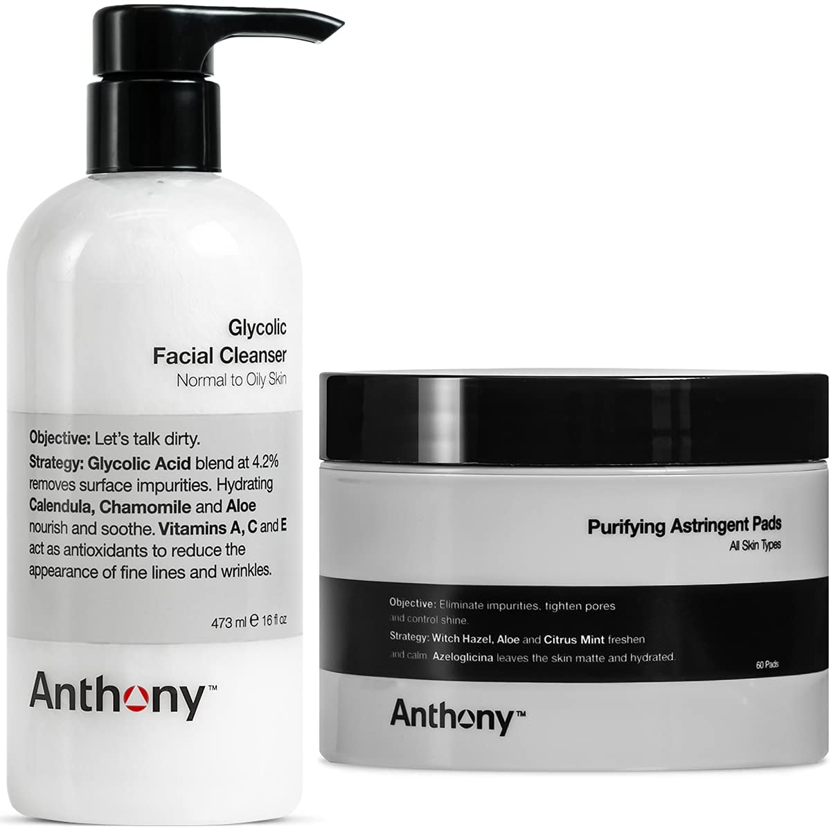 Anthony Glycolic Facial Cleanser, Normal to Oily Skin, 16 Fl Oz and Anthony Purifying Astringent Toner Pads, 60 Count