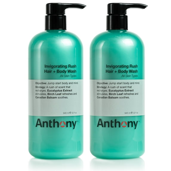 Anthony Mens Body Wash and Shampoo: Invigorating Rush 2-In-1 Liquid Gel Soap & Hair Shampoo – Pine Wood Scent Contains Eucalyptus Extract, Canadian Balsam & Birch Leaf 32 Fl. Oz Pack of 2